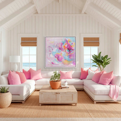 'Joy Looks Good On You' - Acrylic abstract artwork on canvas in vivid pink and turquoise blue — colourful art print full of energy, joy and light, by Kate Shephard Art.