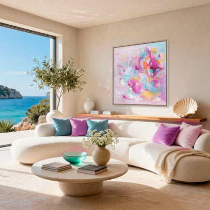 'Joy Looks Good On You' - Colourful art print in vibrant pink, blue and peach — abstract artwork on canvas with free expressive brushstrokes, styled above a living room sofa, by Kate Shephard Art.