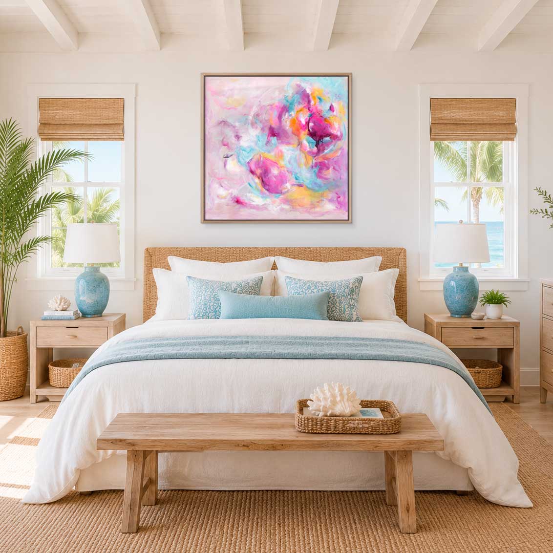 'Joy Looks Good On You' - Colourful art print abstract in vibrant pink, blue and peach tones — expressive abstract artwork on canvas for soulful joyful interiors, by Kate Shephard Art.