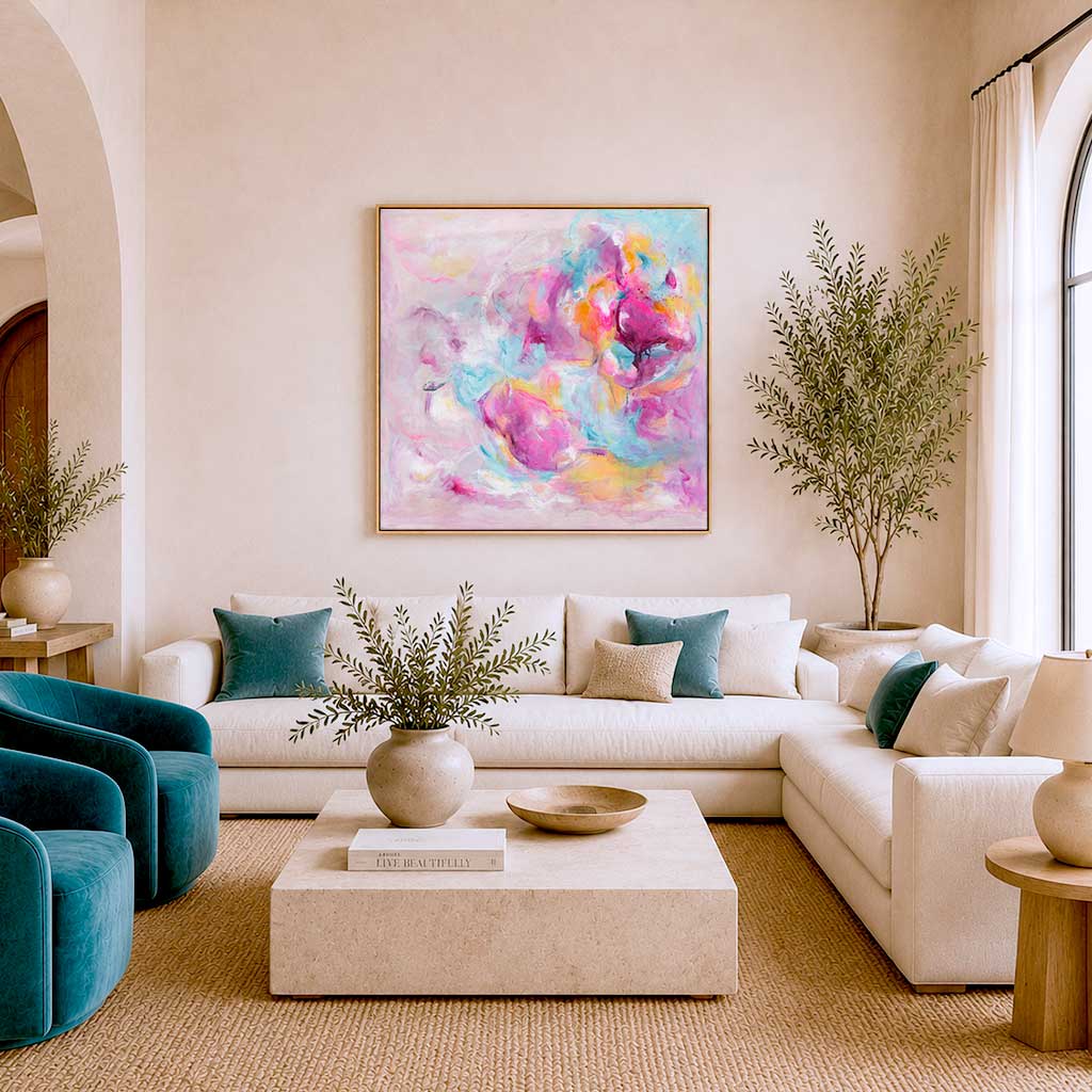 'Joy Looks Good On You' - Vibrant colourful art print with luminous whites and peach tones — abstract artwork on canvas painted with free, deliberate brushstrokes, by Kate Shephard Art.