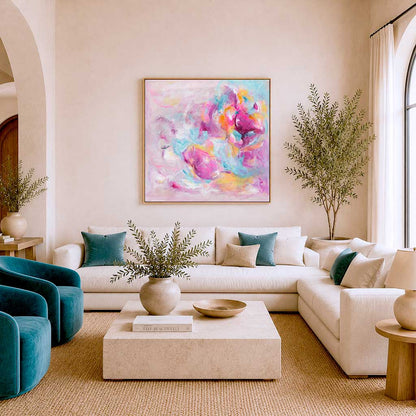 'Joy Looks Good On You' - Vibrant colourful art print with luminous whites and peach tones — abstract artwork on canvas painted with free, deliberate brushstrokes, by Kate Shephard Art.