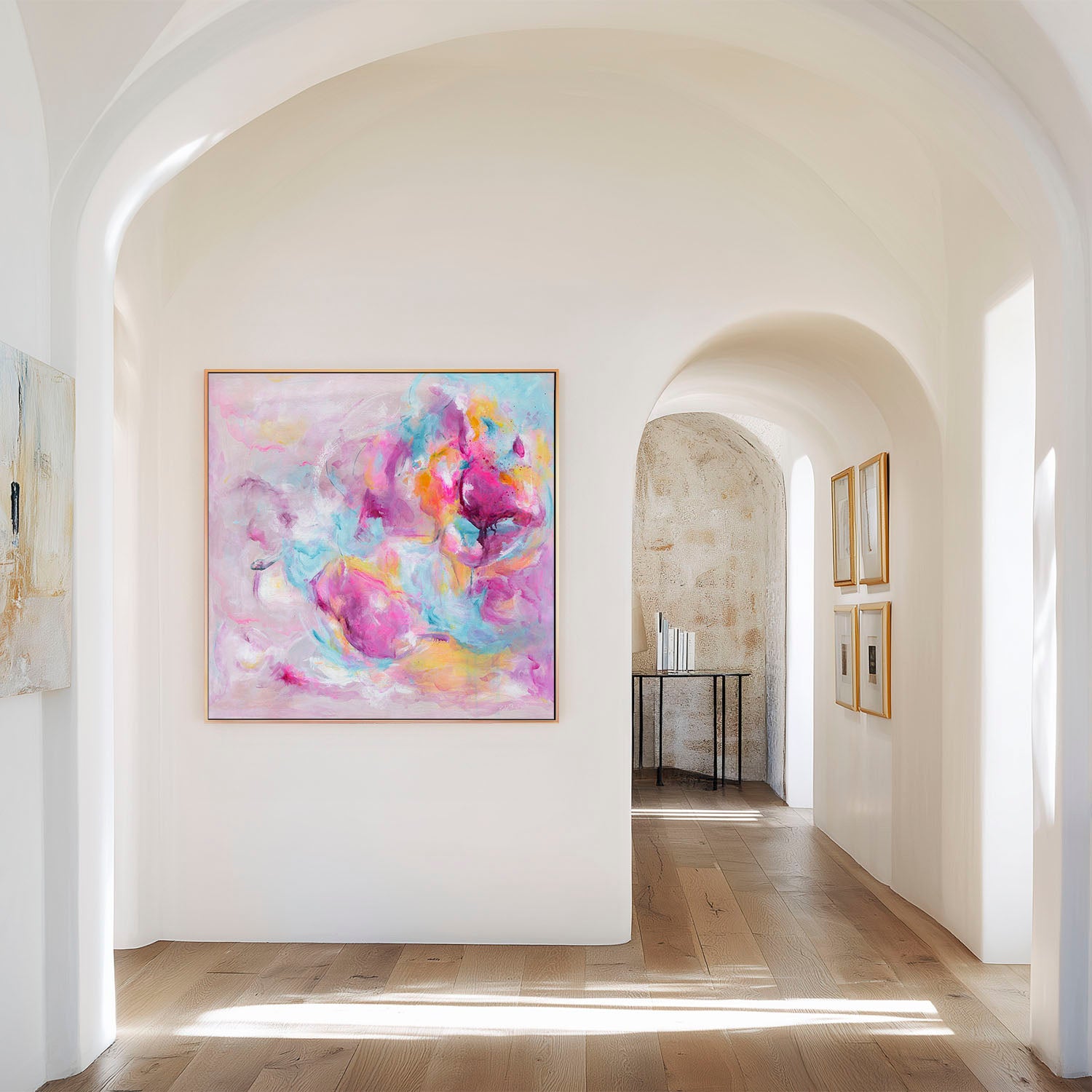 'Joy Looks Good On You' - Vibrant colourful art print with luminous whites and peach tones — abstract artwork on canvas painted with free, deliberate brushstrokes, by Kate Shephard Art.