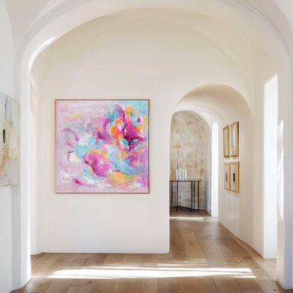 'Joy Looks Good On You' - Vibrant colourful art print with luminous whites and peach tones — abstract artwork on canvas painted with free, deliberate brushstrokes, by Kate Shephard Art.