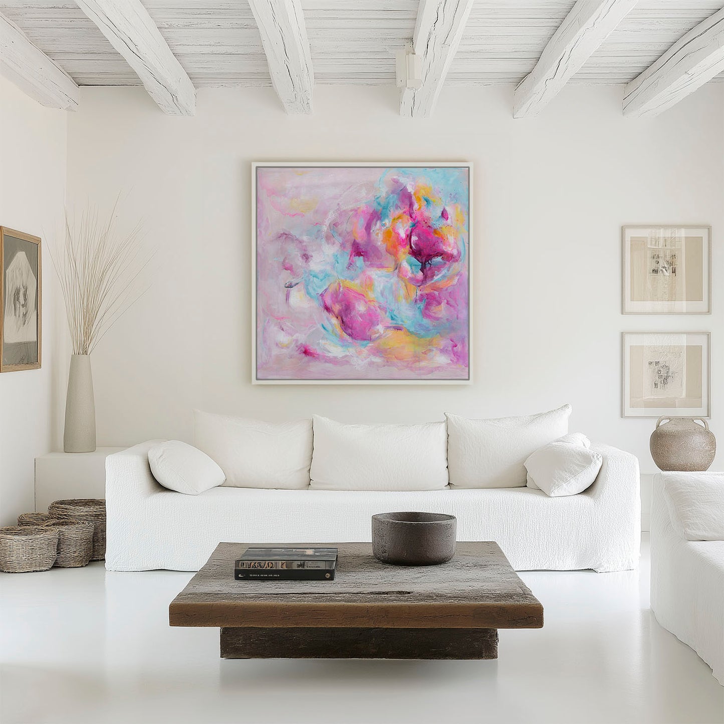 'Joy Looks Good On You' - Acrylic abstract art print in bright pink and soft turquoise blue — colourful artwork on canvas with vivid sections and free brushwork, by Kate Shephard Art.