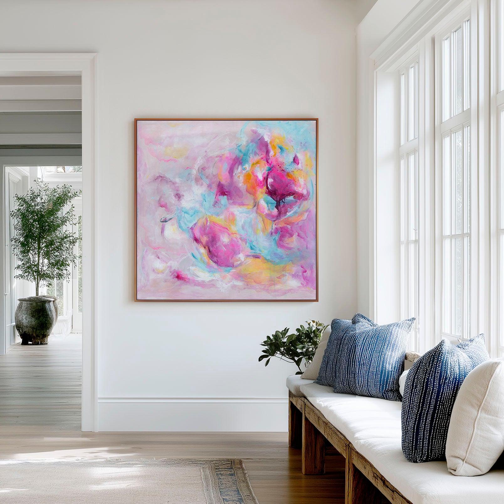 'Joy Looks Good On You' - Colourful art print abstract in vibrant pink, blue and peach tones — expressive abstract artwork on canvas for soulful joyful interiors, by Kate Shephard Art.