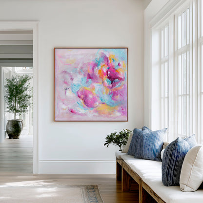 'Joy Looks Good On You' - Colourful art print abstract in vibrant pink, blue and peach tones — expressive abstract artwork on canvas for soulful joyful interiors, by Kate Shephard Art.