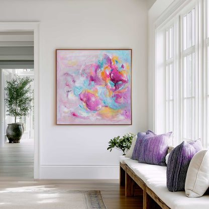 'Joy Looks Good On You' - Colourful art print abstract in vibrant pink, blue and peach tones — expressive abstract artwork on canvas for soulful joyful interiors, by Kate Shephard Art.