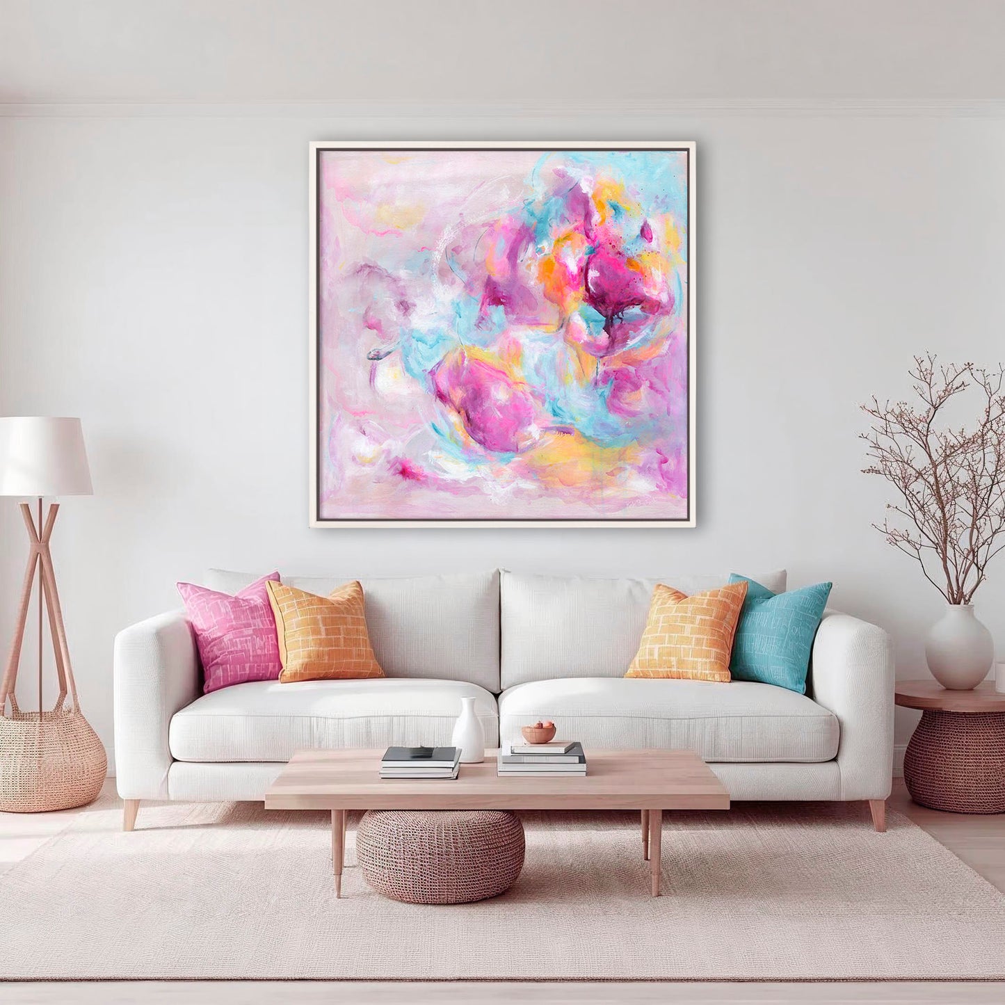 Joy Looks Good On You' - An abstract artwork on canvas painted in deliberate, energetic brushstrokes — colourful art print in bright pink, blue and warm peach, by Kate Shephard Art.