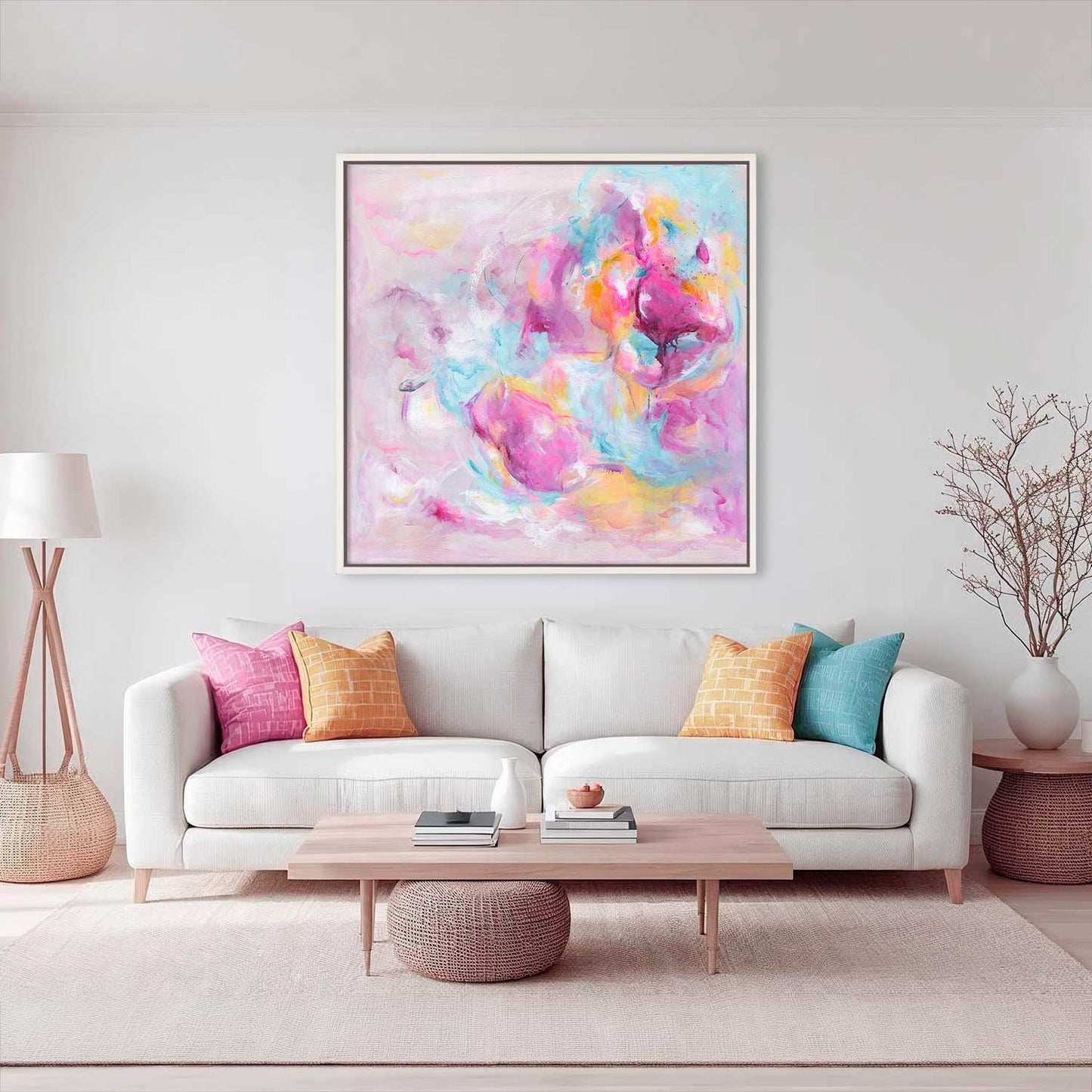 Joy Looks Good On You' - An abstract artwork on canvas painted in deliberate, energetic brushstrokes — colourful art print in bright pink, blue and warm peach, by Kate Shephard Art.