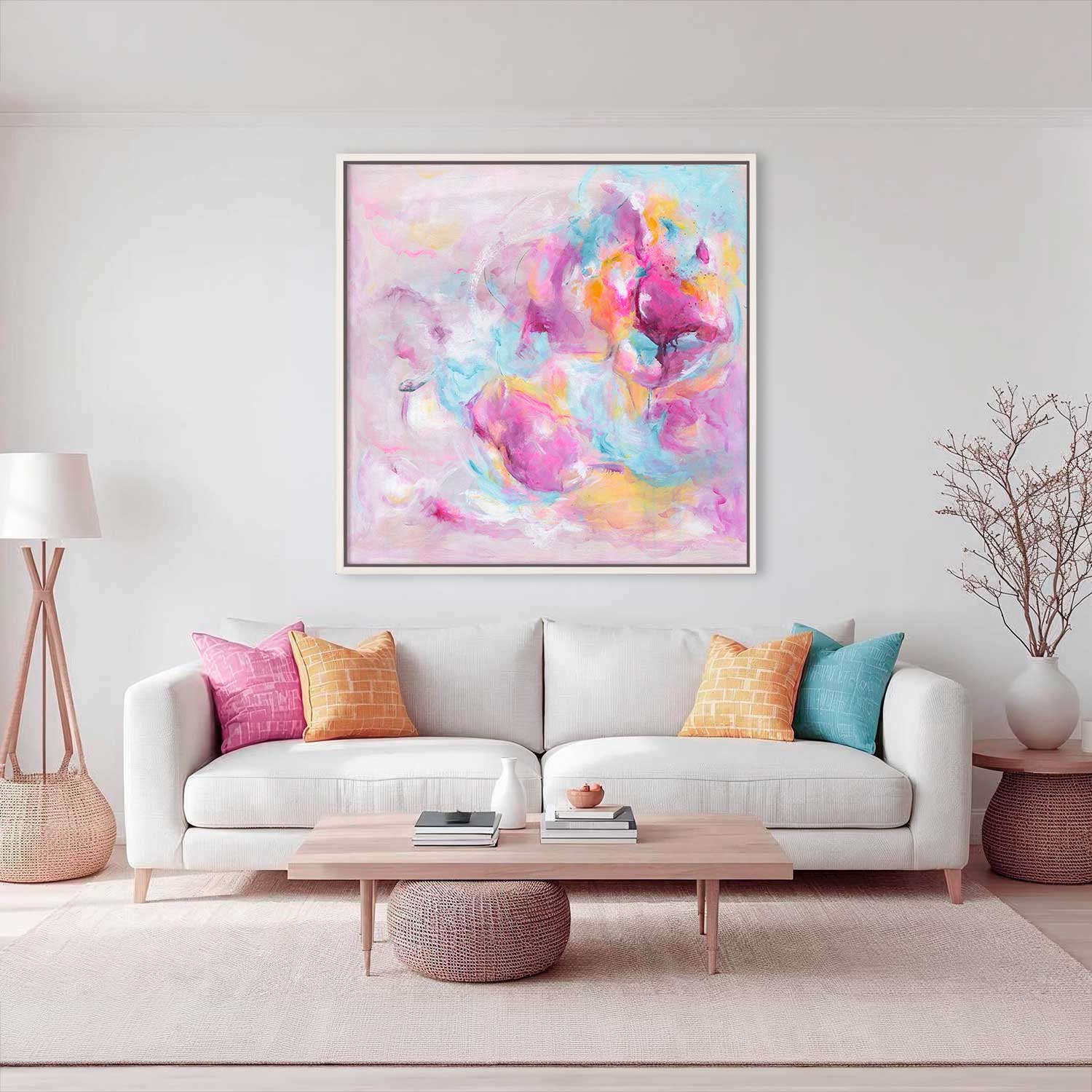 Joy Looks Good On You' - An abstract artwork on canvas painted in deliberate, energetic brushstrokes — colourful art print in bright pink, blue and warm peach, by Kate Shephard Art.