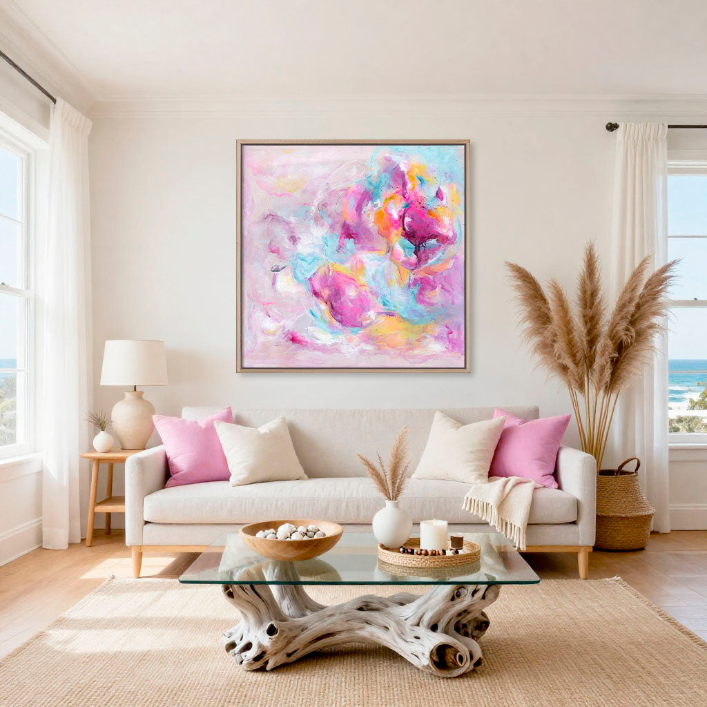 'Joy Looks Good On You' - Vibrant abstract art print with luminous whites and vivid pink — colourful artwork on canvas designed to bring joy and energy to a living room, by Kate Shephard Art.