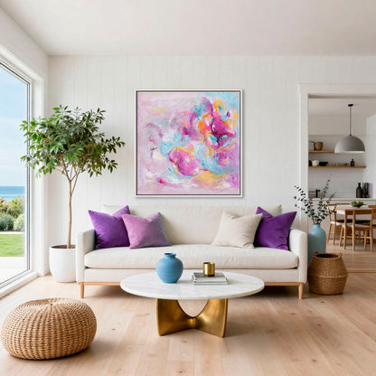 Joy Looks Good On You' - Colourful art print in soft blue, bright pink and peach — abstract artwork on canvas with free, expressive brushwork and real emotional warmth, by Kate Shephard Art.