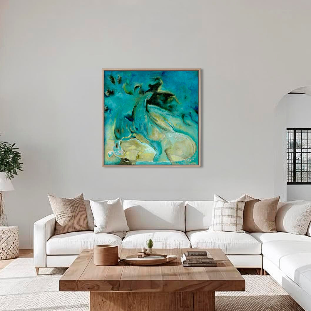 'Courage to Grow' - Framed seascape abstract art canvas in natural wood frame, rich teal and turquoise tones with dark reef forms, abstract ocean art teal home decor.