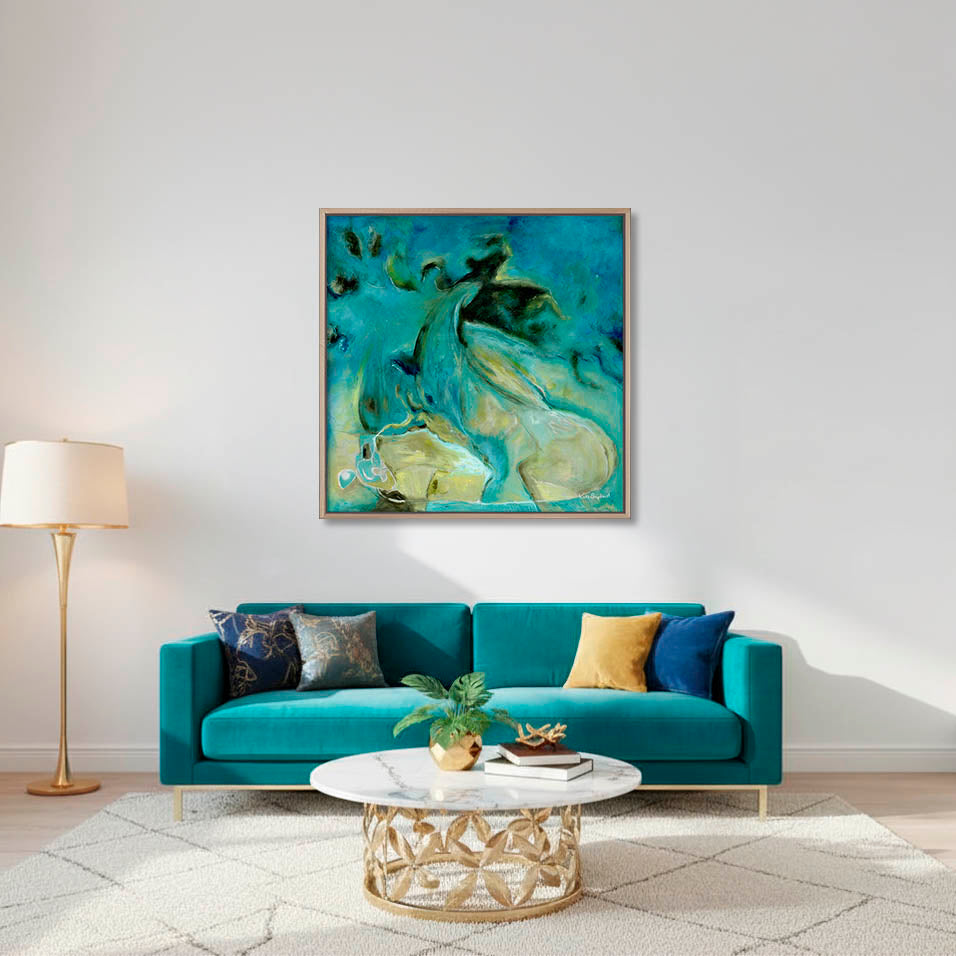 'Courage to Grow' - Close-up of expressive mixed media brushwork in rich teal and sandy cream, abstract ocean art seascape abstract art canvas print.