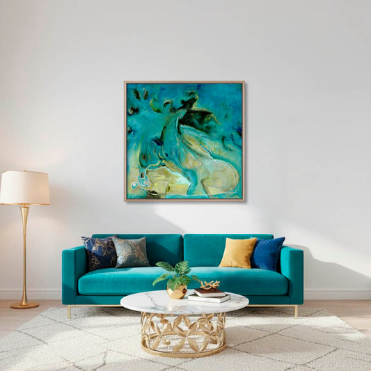 'Courage to Grow' - Close-up of expressive mixed media brushwork in rich teal and sandy cream, abstract ocean art seascape abstract art canvas print.