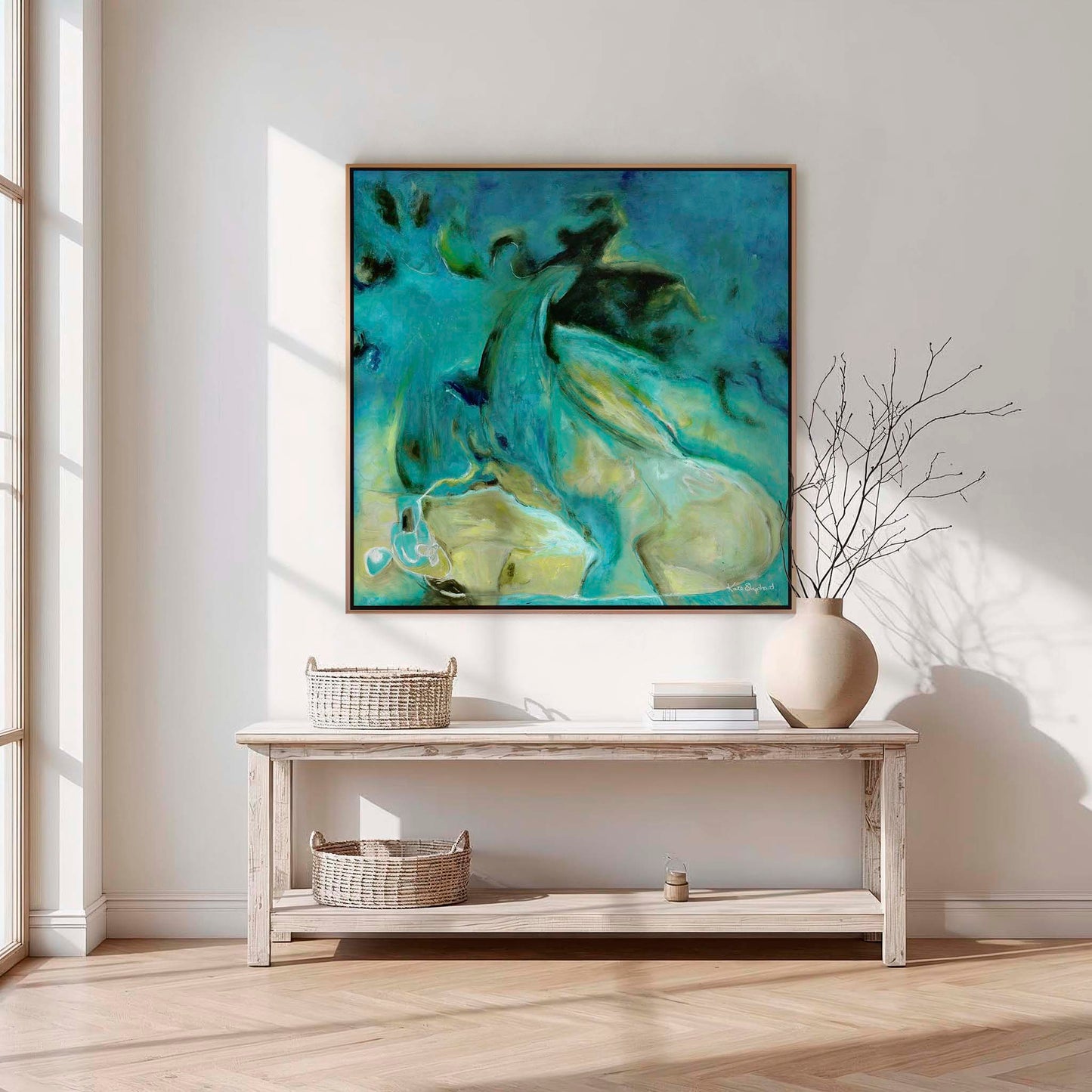 'Courage to Grow' - Abstract ocean art canvas print in rich teal, turquoise and warm sandy cream, seascape abstract art wall art in teal for living room or bedroom.