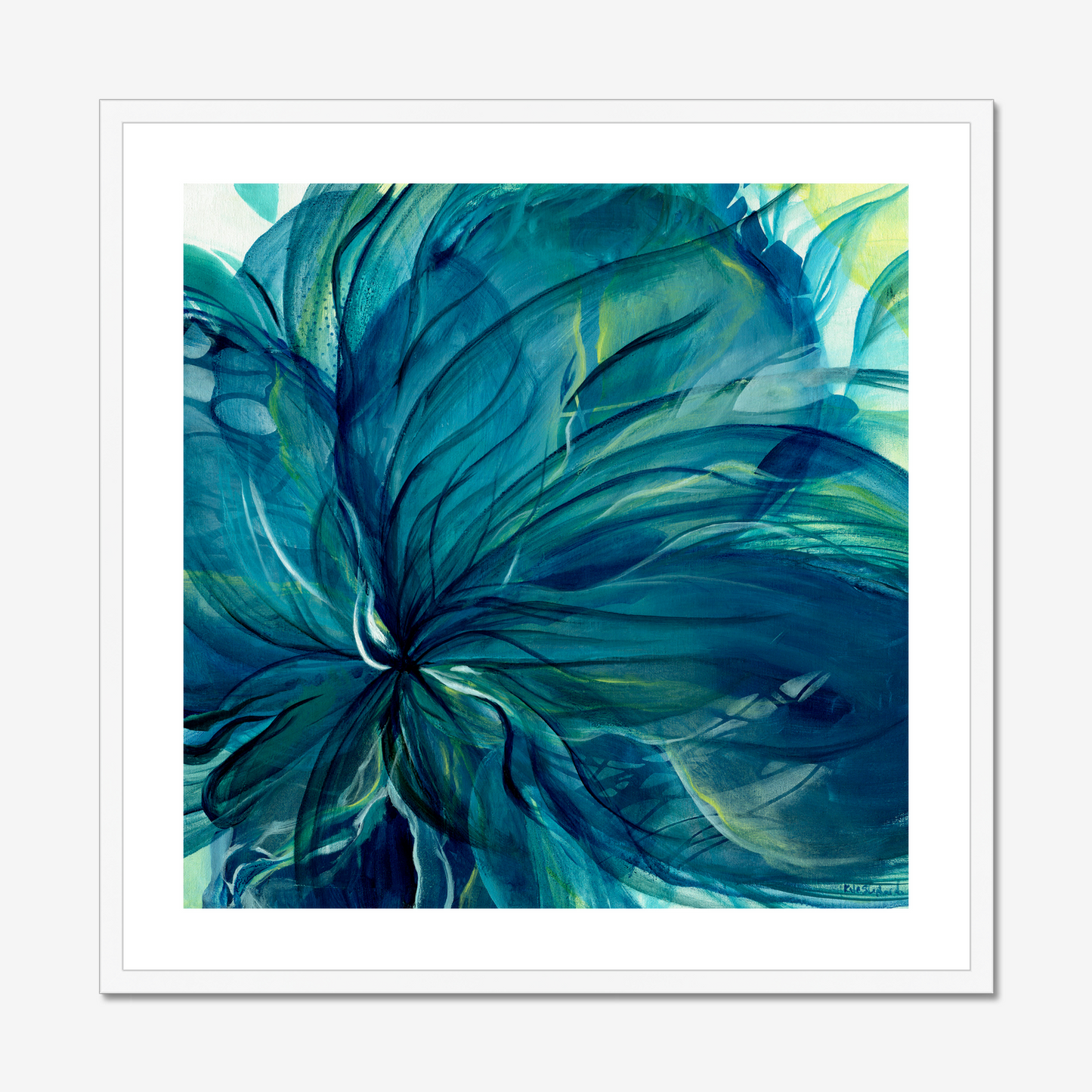 'Dancing in the Depths' - Abstract Floral Blue Dark Blue Wall Art Print - Abstract expressionist botanical fine art print featuring rich blue tones with layered petal-like forms, creating depth and movement in contemporary wall art