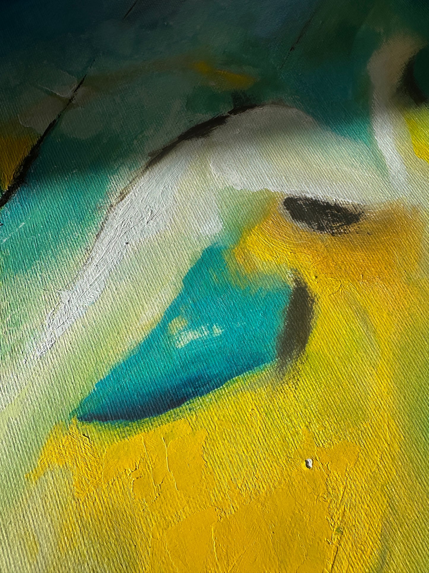 'Leap of Faith' - Close-up of an original oil painting in vibrant yellow and fresh green tones — green abstract art with meaning, float framed and ready to hang, by Kate Shephard Art.