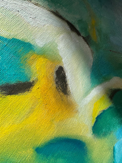 'Leap of Faith' - Close-up of an original oil painting in vibrant yellow and fresh green tones — green abstract art with meaning, float framed and ready to hang, by Kate Shephard Art.