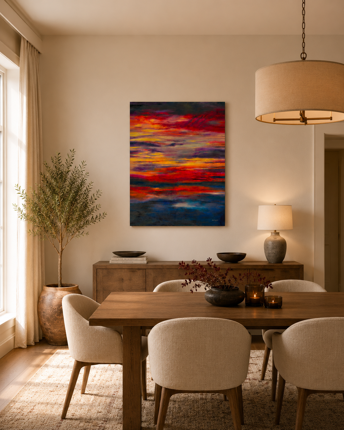 'Midnight Embers' - A bold and dramatic original art oil painting in burning crimson, orange, vivid yellow and deep navy — sunset artwork painting that commands a wall with real power, by Kate Shephard Art.