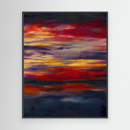 'Midnight Embers' - Beautiful sky art canvas print in fiery horizontal bands of red, orange and yellow against deep navy — dramatic sunset art abstract for bold contemporary interiors, by Kate Shephard Art.