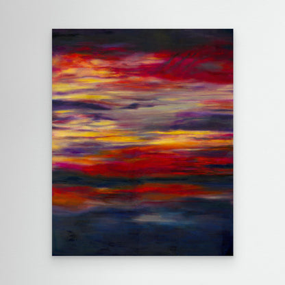 'Midnight Embers' - A colourful artwork canvas print in burning reds, vivid yellows and deep navy charcoal — sunset art abstract and beautiful sky art that brings drama and solace to any room, by Kate Shephard Art.