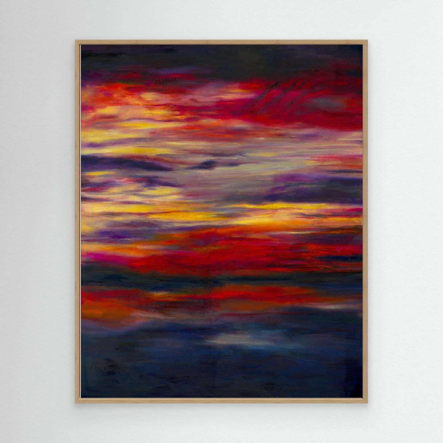 'Midnight Embers' - Sunset art abstract canvas print in dramatic crimson, orange and vivid yellow against deep navy — beautiful sky art with real emotional depth and extraordinary colour, by Kate Shephard Art.