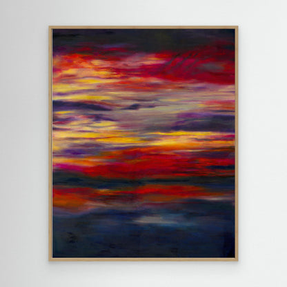 'Midnight Embers' - Sunset art abstract canvas print in dramatic crimson, orange and vivid yellow against deep navy — beautiful sky art with real emotional depth and extraordinary colour, by Kate Shephard Art.