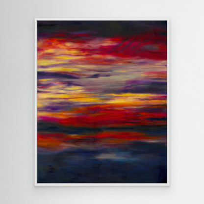 'Midnight Embers' - Sunset art abstract canvas print in dramatic crimson, orange and vivid yellow against deep navy — beautiful sky art with real emotional depth and extraordinary colour, by Kate Shephard Art.
