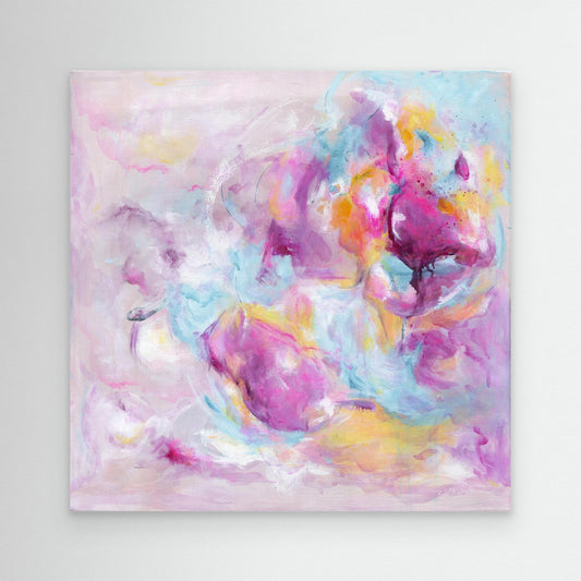 'Joy Looks Good On You' - Abstract art print in bright pink, soft blue and warm peach tones — colourful artwork on canvas for soulful, joyful contemporary interiors, by Kate Shephard Art.