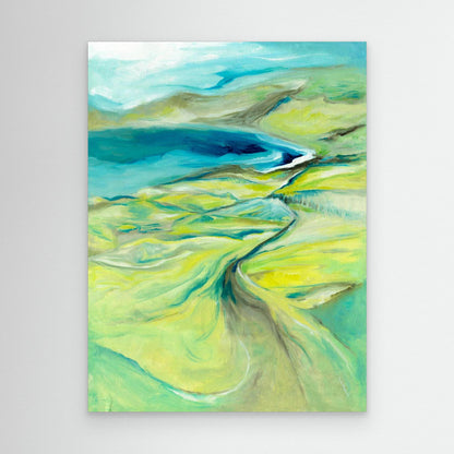 'Along the Worbarrow Path' - Colourful abstract art featuring winding paths leading to the ocean.