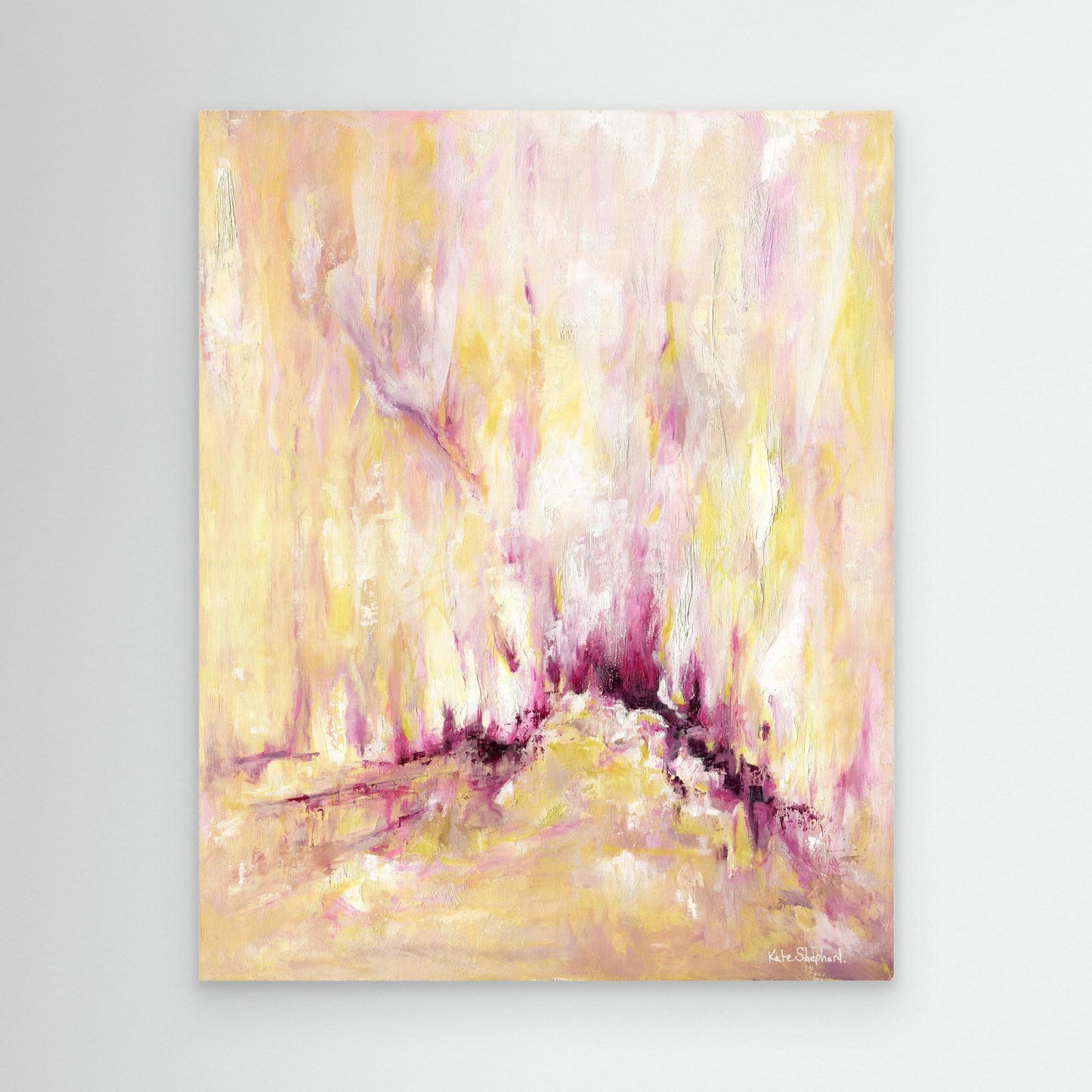 'Rising' - A large pink and yellow wall art canvas print with expressive vertical brushwork in warm oils — inspirational abstract art that brings hope, energy and soul to any room, by Kate Shephard Art.