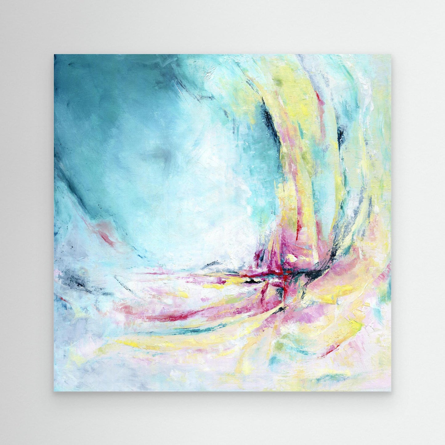 'Caribbean Blue' - Framed abstract summer artwork canvas print in luminous teal and vibrant pink, bold colourful wall art for the home.