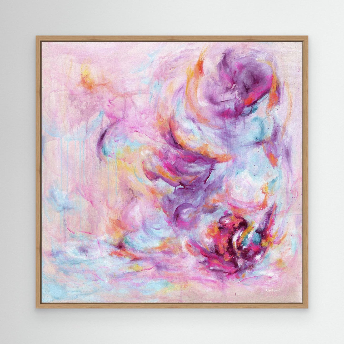 'Choose Joy' - Pink canvas abstract art in bright vivid pink, soft blue and warm peach — uplifting colourful wall art that shifts the energy of a room the moment it goes up, by Kate Shephard Art.