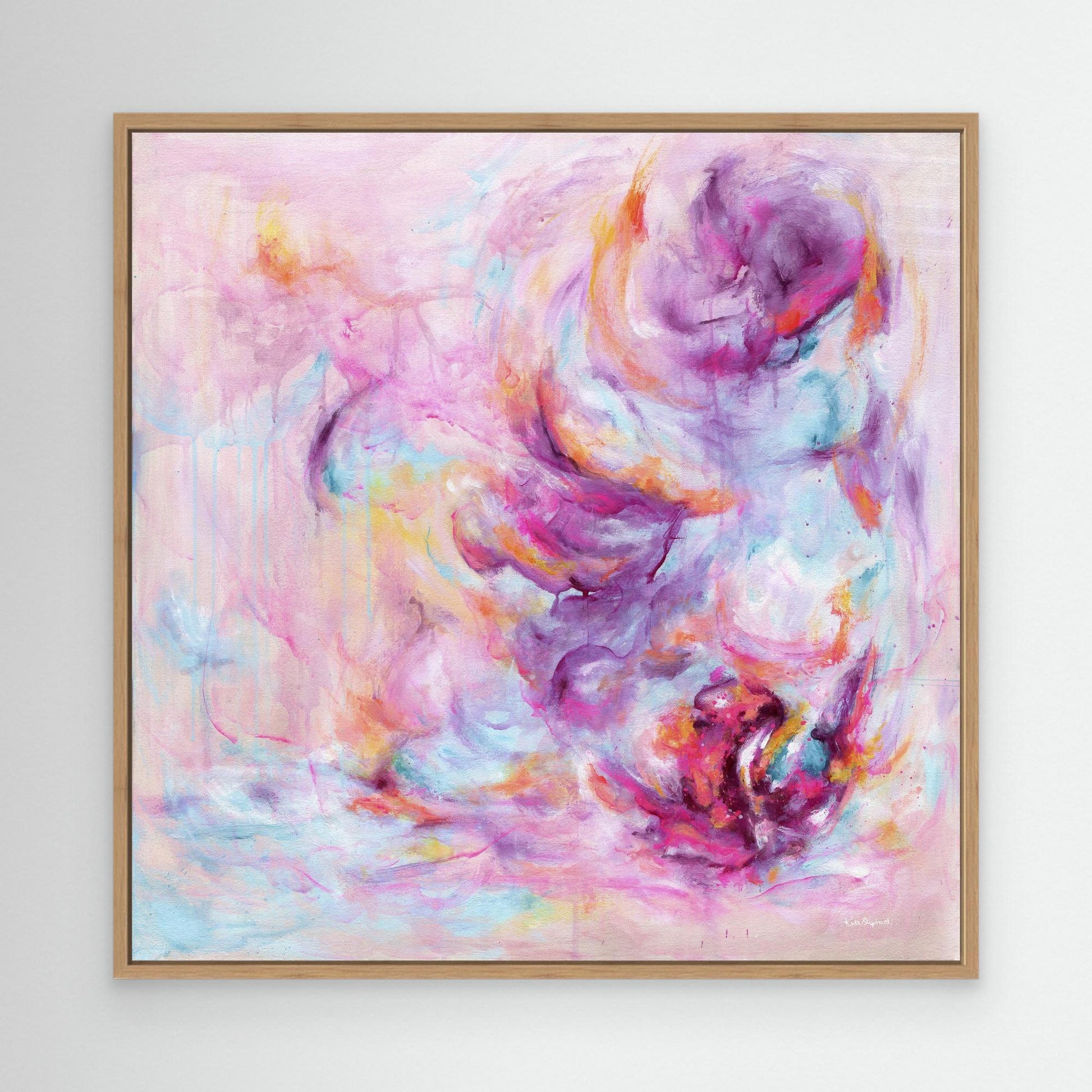 'Choose Joy' - Pink canvas abstract art in bright vivid pink, soft blue and warm peach — uplifting colourful wall art that shifts the energy of a room the moment it goes up, by Kate Shephard Art.