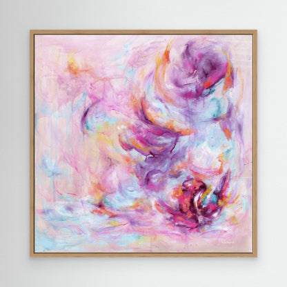 'Choose Joy' - Pink canvas abstract art in bright vivid pink, soft blue and warm peach — uplifting colourful wall art that shifts the energy of a room the moment it goes up, by Kate Shephard Art.