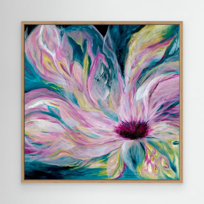 'Untamed' - moody yet vibrant canvas art featuring deep blues, teals and bright pinks for authentic home decor.
