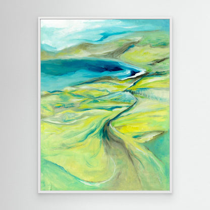 'Along the Worbarrow Path' - Canvas print with lime green, turquoise and blue coastal colours.