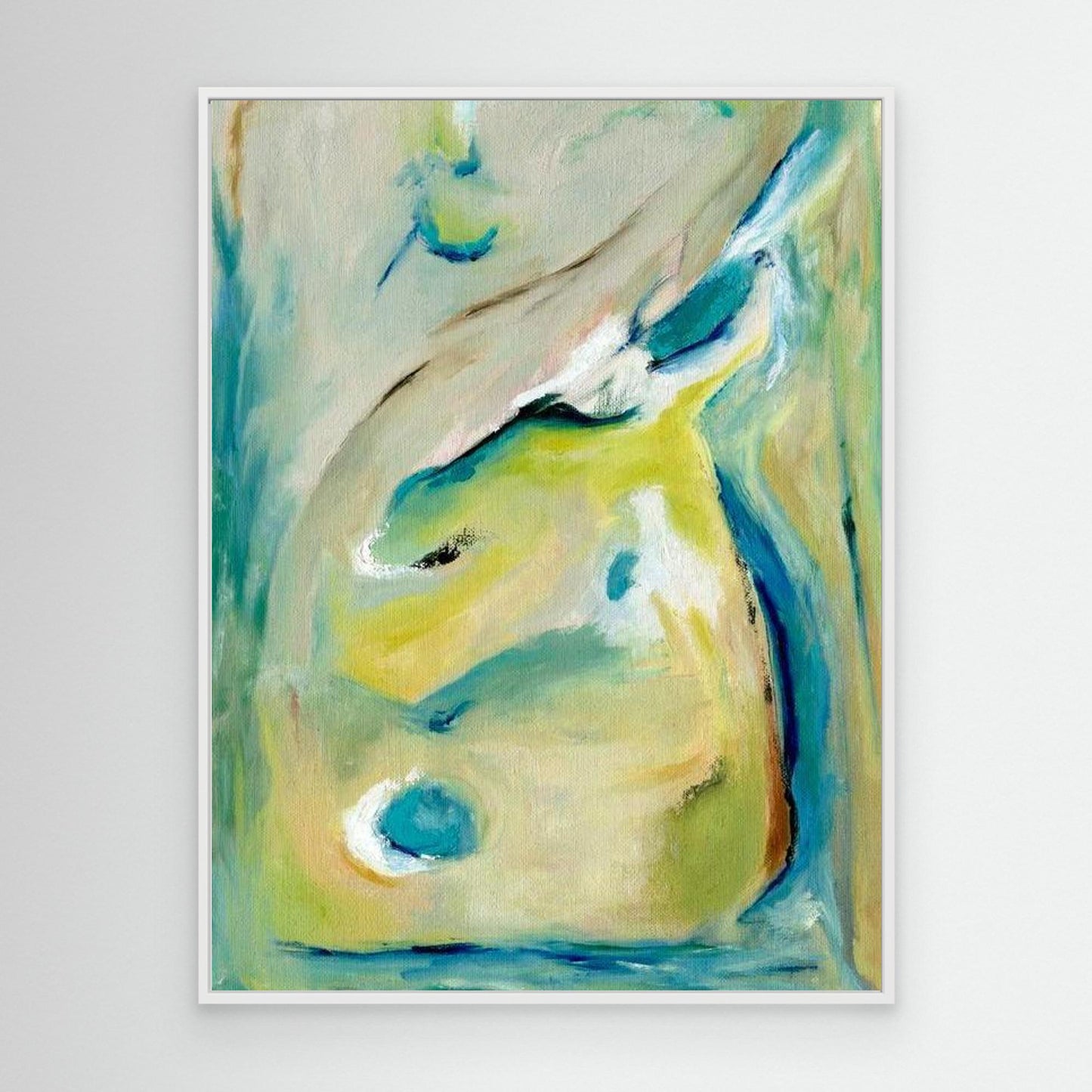 'True Colours' - Abstract canvas print with turquoise blue and golden yellow peacock inspired colours.