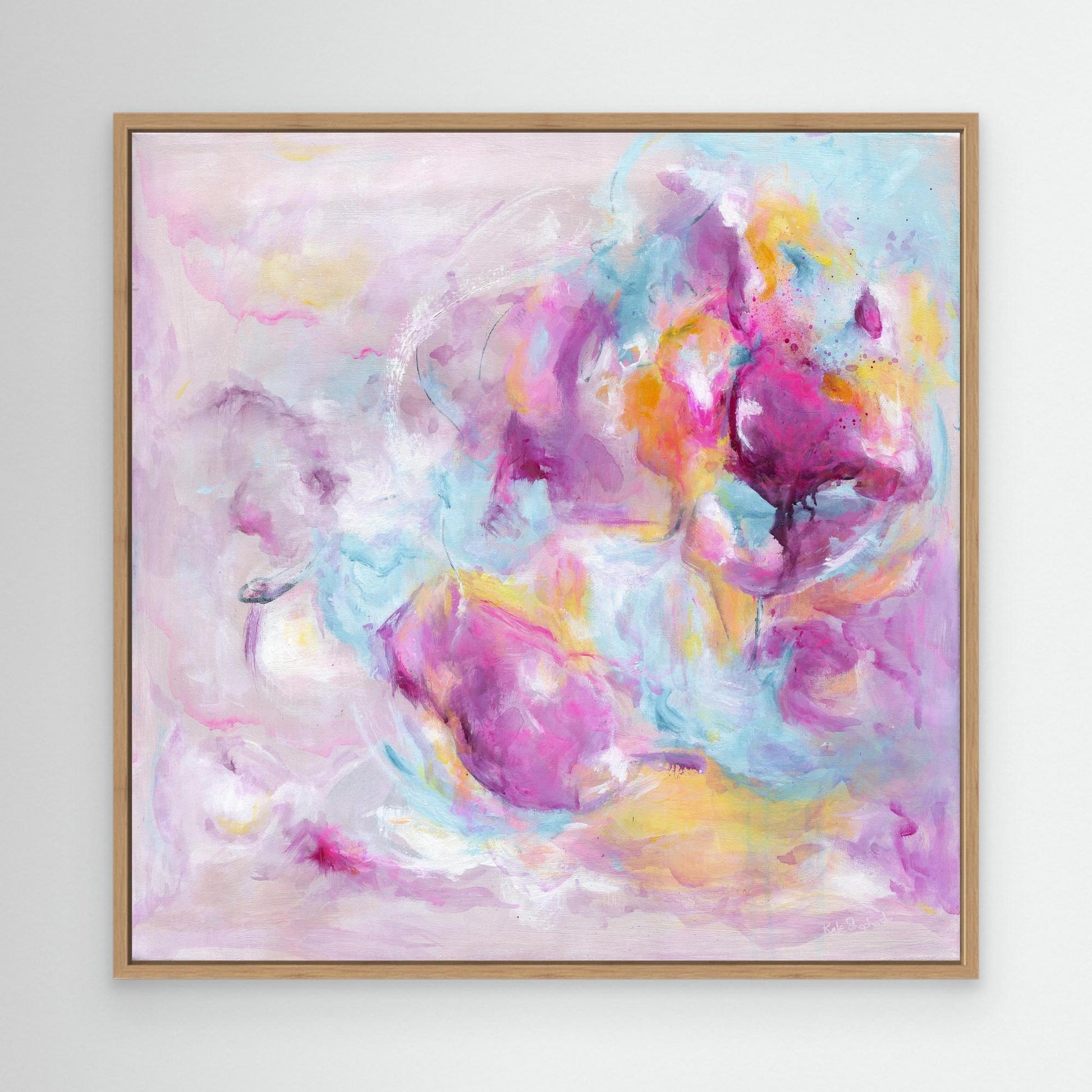 'Joy Looks Good On You' - Colourful abstract artwork on canvas styled above a sofa in a bright living room — vibrant pink, blue and peach art print full of life, by Kate Shephard Art.
