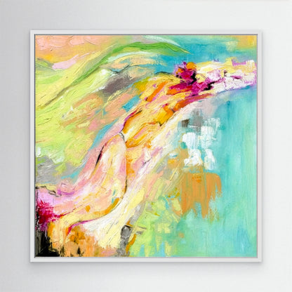 'Endless Summer' - Original abstract oil painting with vibrant pinks, corals and turquoise in white frame.