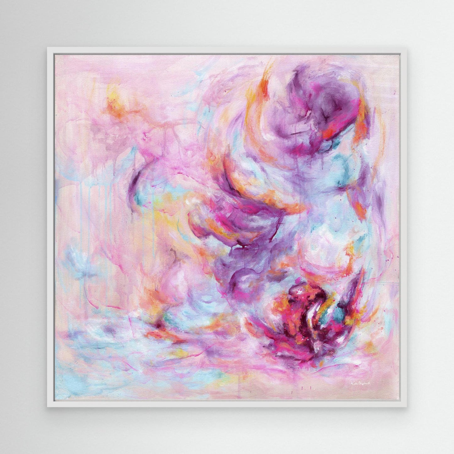 'Choose Joy' - Uplifting wall art colourful abstract art pink canvas in vivid pink and luminous white — free expressive brushstrokes full of joyful movement and light, by Kate Shephard Art.