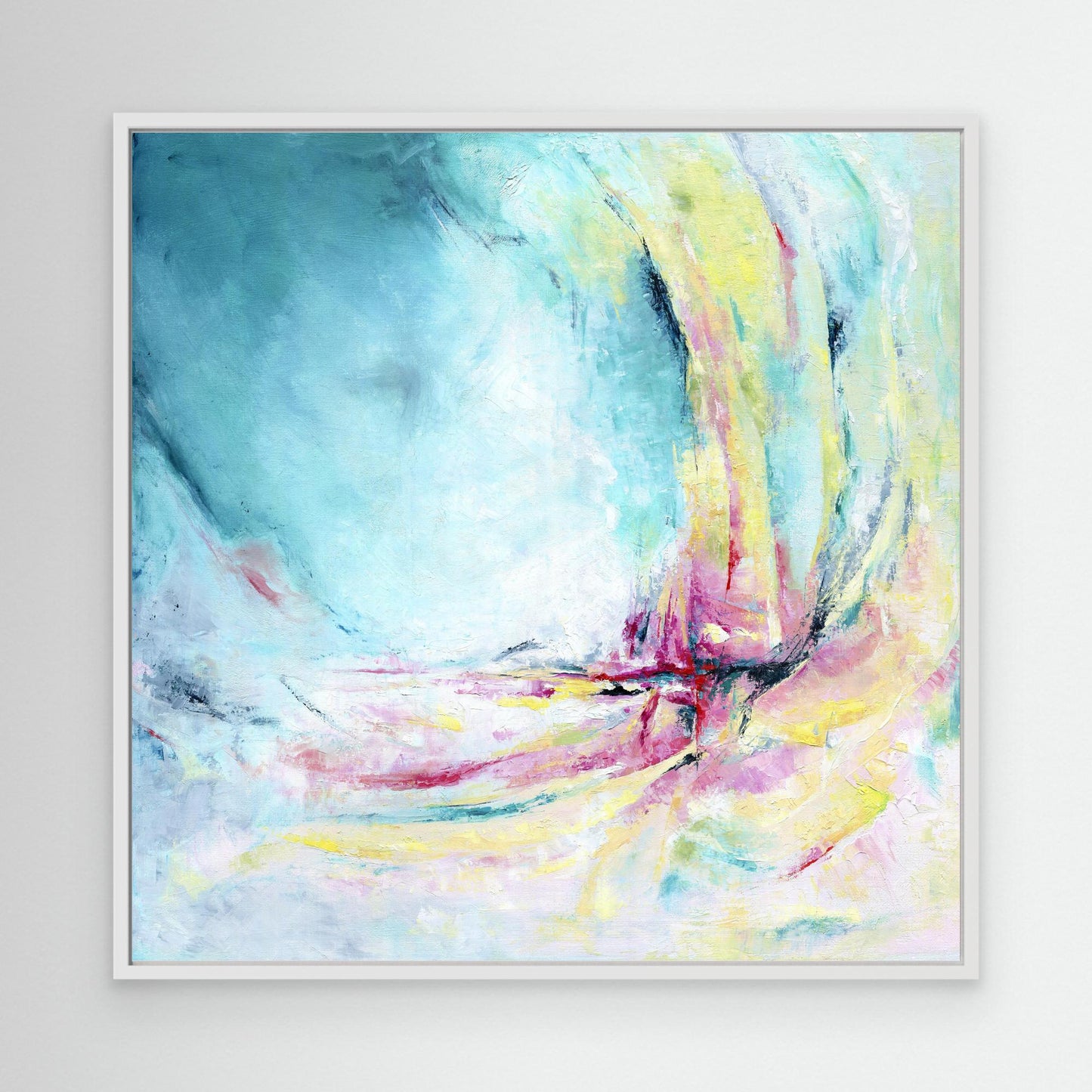 'Caribbean Blue' - Summer artwork canvas print with expressive streaks of pink, yellow and lime on luminous teal background.