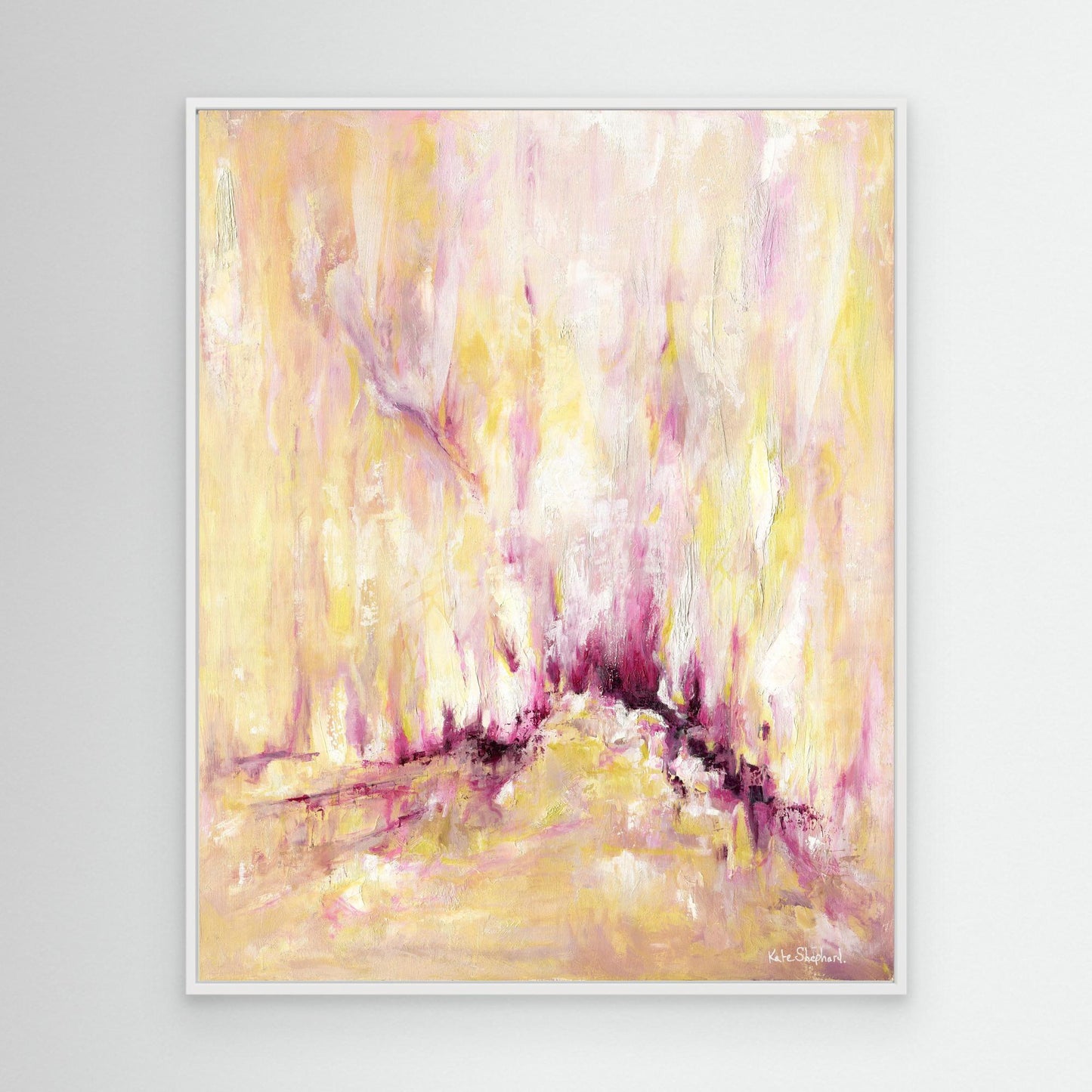 'Rising' - Large canvas print of expressive abstract art in warm pink and yellow oils, with a concentrated pulse of deep burgundy magenta at the centre — uplifting inspirational wall art, by Kate Shephard Art.