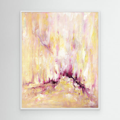 'Rising' - Large canvas print of expressive abstract art in warm pink and yellow oils, with a concentrated pulse of deep burgundy magenta at the centre — uplifting inspirational wall art, by Kate Shephard Art.
