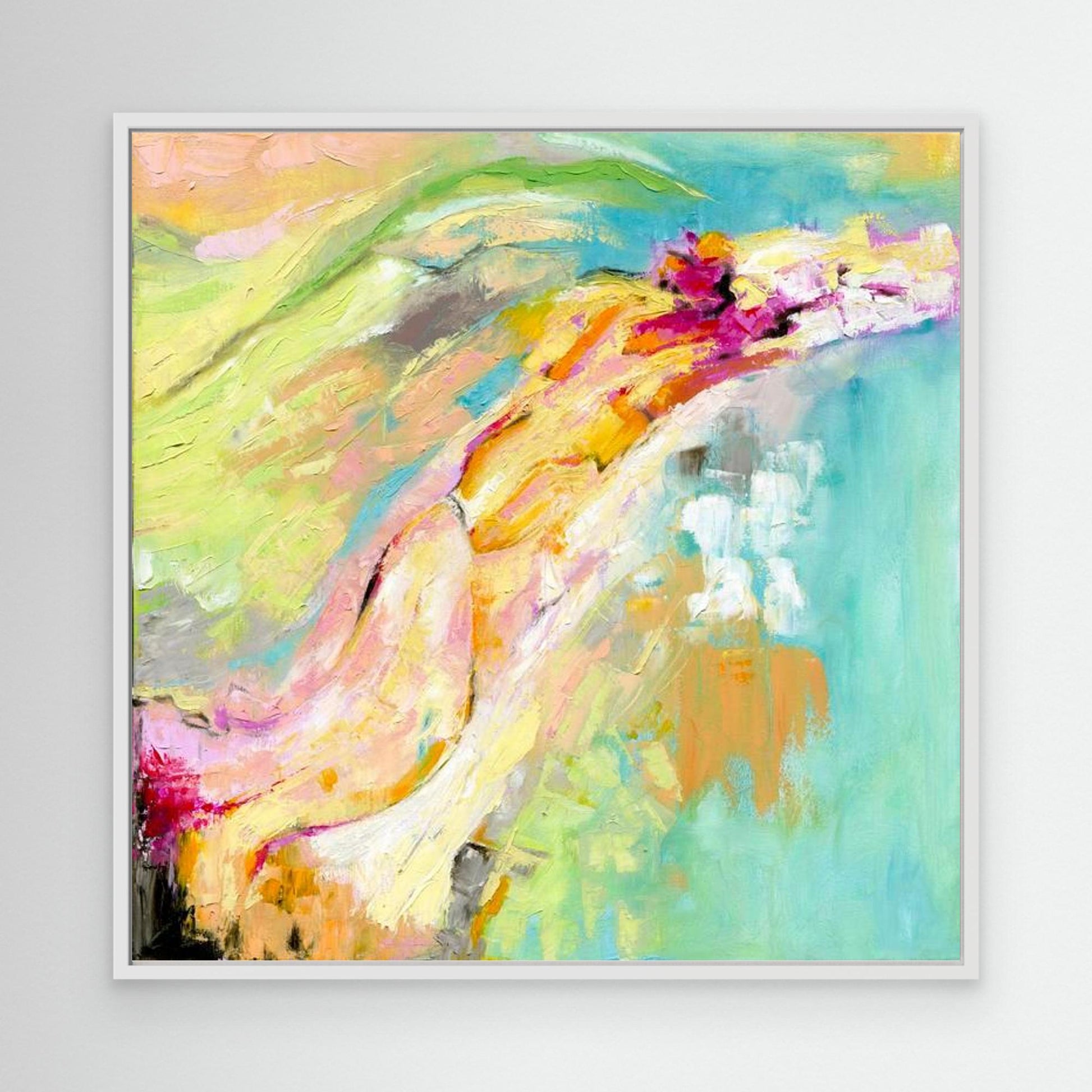 'Endless Summer' - Original abstract oil painting with vibrant pinks, corals and turquoise in white frame.