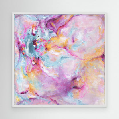 'Joy In The Little Things' - Abstract pink wall art canvas in bright vivid pink, soft blue and peach — expressive artwork on canvas full of warmth, movement and joyful energy, by Kate Shephard Art.