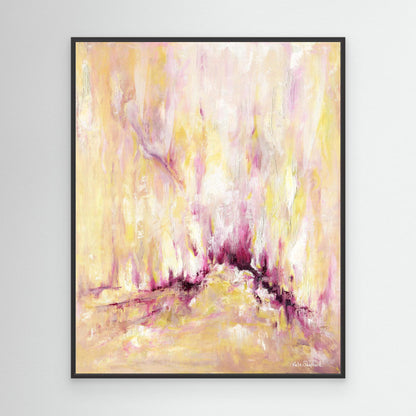 'Rising' - Inspirational abstract art canvas print in soft blush pink, warm yellow and golden tones with deep magenta — large pink and yellow wall art full of upward energy and hope, by Kate Shephard Art.