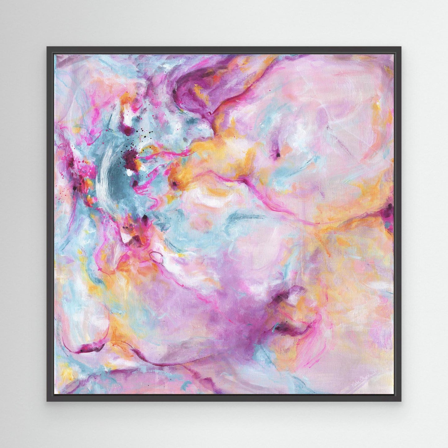 'Joy In The Little Things' - Abstract pink wall art in vivid pink, luminous white and soft blue — expressive canvas artwork with free energetic brushstrokes, by Kate Shephard Art.