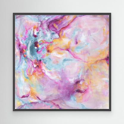 'Joy In The Little Things' - Abstract pink wall art in vivid pink, luminous white and soft blue — expressive canvas artwork with free energetic brushstrokes, by Kate Shephard Art.